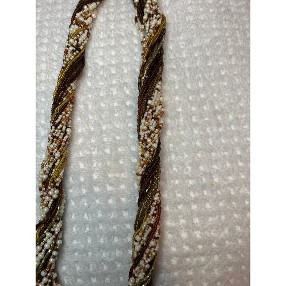 Vintage Honey Beaded Necklace Multi Strand Glass Braided Brown Cream Gold - Picture 5 of 7